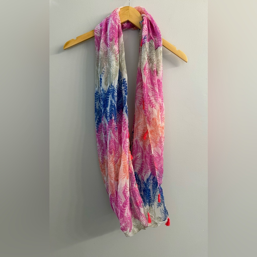 Boho Feather Print Tassle Infinity Scarf Pink Orange Blue Lightweight Loop
